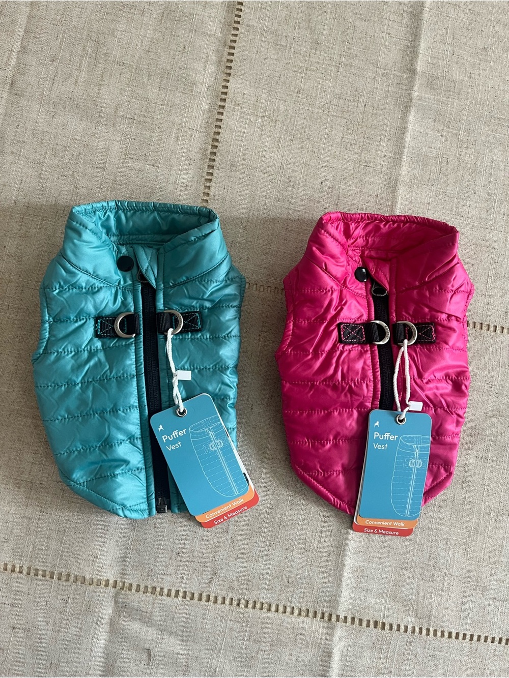 Two Gooby Puffer Vest Dog Jackets - Pink + Turquoise, X-Small, NWT, Bundle
